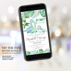 Dinosaur Baby Shower Text Message Invitation Couples Baby Shower It's a Boy Greenery Boho Dinosaur Electronic Invite Instant Download DB18