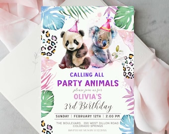 May include: A colorful invitation for a 3rd birthday party with a panda and koala wearing party hats. The invitation says "Calling all Party Animals" and "Olivia's 3rd Birthday".