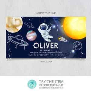 May include: A Facebook event cover with a space theme. It features an astronaut, planets, a UFO, and a rocket against a dark blue background. The text reads "OLIVER IS TURNING 5" and invites guests to an "out of this world birthday."