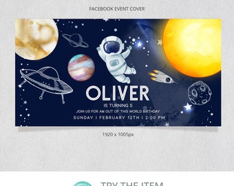 May include: A Facebook event cover with a space theme. It features an astronaut, planets, a UFO, and a rocket against a dark blue background. The text reads "OLIVER IS TURNING 5" and invites guests to an "out of this world birthday."