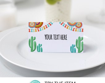May include: White place card with a colorful Mexican fiesta design featuring a string of flags and cacti. The text "YOUR TEXT HERE" is printed in black on the card.