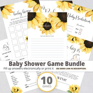 May include: A baby shower game bundle featuring 10 games with sunflower accents. Includes games like "Baby Bingo" and "Baby Predictions." The text "Baby Shower Game Bundle" is displayed prominently.