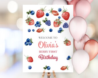 Berry First Birthday Welcome Sign, Strawberry Birthday Welcome Poster, Blueberry Birthday Sign Template Birthday Girl Berry Party Sign SB8