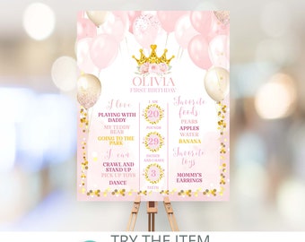 Bewerkbaar bord met mijlpalen verjaardag kleine prinses | Roze en gouden prinsesversieringen verjaardag |  Verjaardagsbord prinses /073
