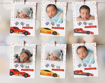 May include: Six printable 5x7 inch cards featuring a baby in a blue onesie with a red and yellow race car design. Each card has a different number of months, from one to six, with the text "ONE MONTH", "TWO MONTHS", etc. The cards are decorated with red and yellow confetti.