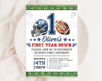 1st Birthday Boy Football Invitation Football Birthday Invite First Year Down American Football Birthday Invite Template Boy Birthday AM31