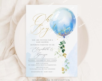 May include: A blue and gold baby shower invitation with a watercolour background and a balloon with gold glitter. The text reads "Oh Boy!" and includes the names "Elizabeth & George".