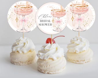 Pearls & Prosecco Bridal Shower Cupcake Toppers, Editable Cupcake Toppers Bridal Shower PP11