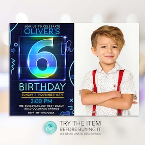 Neon Birthday Invitation Template With Photo Boy 6th Birthday Neon Glow Party Invite Digital NPP6