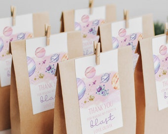 Editable Outer Space Favor Tags Pink Gold Space Birthday Thank You Tags First Trip Around The Sun Favor Tags Editable Birthday Girl SP439