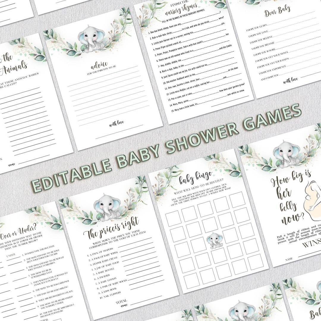 Elephant Baby Shower Games Boy • Baby Shower Games Printable • Virtual ...
