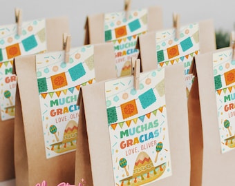 May include: Brown paper bags with colorful thank you tags featuring a sombrero, maracas, and the text "Muchas Gracias" and "Love, Oliver".