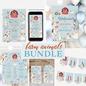 2nd Birthday Boy, Oink Cluck Baa Moo Farm Animal Birthday Bundle, Barn Animals instant download Birthday Packages