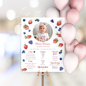 Berry First Birthday Photo Milestone Board, poster traguardo primo compleanno fragola Blueberry Birthday Girl Milestone Sign Berry Party SB18