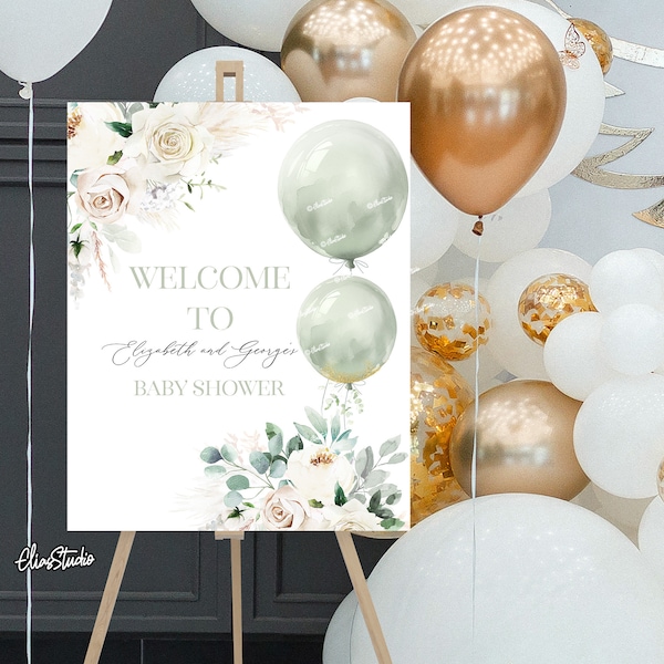 Sage Green Baby Shower Welcome Sign Neutral Baby Shower Sign Floral Baby Shower Sign Template Baby Shower Printable Sage Balloons Decor BB28