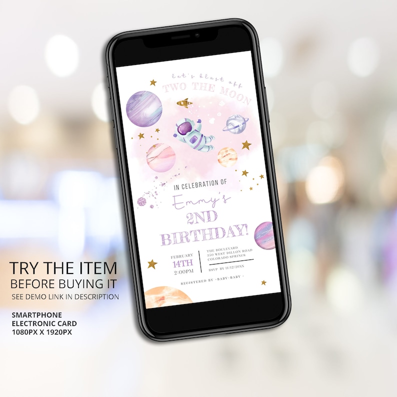 May include: A digital invitation for a second birthday party with a space theme. The invitation features a purple and pink watercolor galaxy with planets, stars, and a cartoon astronaut. The text reads "Let's blast off to the moon! In celebration of Emmy's 2nd Birthday!"