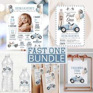 May include: A blue and white race car themed first birthday party invitation and printable set. The invitation features a blue race car with a number one on it, a petrol pump, and chequered flags. The printable set includes a thank you tag, a water bottle label, and a favour bag. The text on the invitation reads "Our little racer is a Fast One" and "Benjamin's first lap around the track".