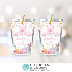 Editable Princess Tea Party Birthday Juice Box Label •Little Girls Tea Party Juice Pouch Label Template Once Upon a Time Birthday /0240