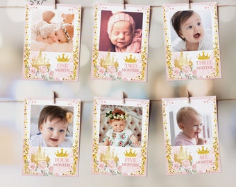 May include: Six pink and gold photo cards with a castle and crown design. Each card has a number from one to six and the word "months" printed on it. The cards are 5 inches by 7 inches.