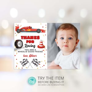 Two Fast Birthday Thank You Card Template with Photo, Fast One Birthday Printable Thank You Card, Race Car Party Decorations CA5