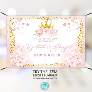 Little Princess is on her way Baby Shower Editable Backdrop Banner | Blush Pink Gold Glitter Baby Shower Decorations TEMPLATE Corjl PR17