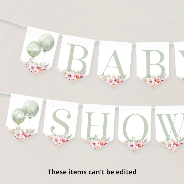 Sage Green Baby Shower Bunting Banner Gender Neutral Baby Shower Flags Floral Bunting Garland Template Baby Shower Printable Banner BB29