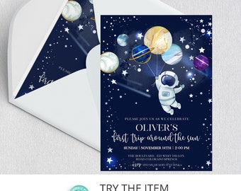 Editable Space Birthday Invitation First Trip Around The Sun | Space Birthday Party Invitation | Galaxy First Birthday Invite SP65