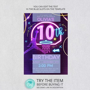 May include: A neon pink and blue birthday invitation with a basketball theme. The invitation says "It's game time, join us to celebrate Olivia's 10th Birthday". The invitation also includes the date, time, and location of the party.