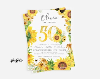 50th Birthday Invitation, Sunflower Birthday Invitation, 50th Birthday Invite, 50th Birthday Anniversary, Sunflower Birthday Invitation SR94