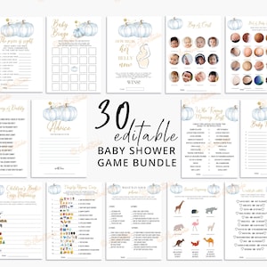 May include: A set of 30 printable baby shower game cards featuring a fall theme with pumpkins and gold accents. The games include "Baby Bingo", "Who Knows Mommy Best", "Baby Name Race", "Guess the Emoji", "What's in Your Purse", "Animal Pregnancy", "Would You Rather", and more.