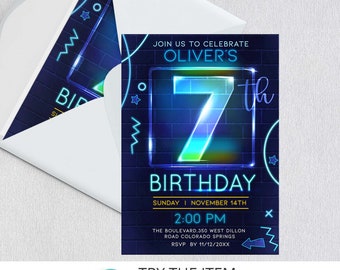 Neon Birthday Invitation Template Boy 7th Birthday Neon Glow Party Invite Digital NP7