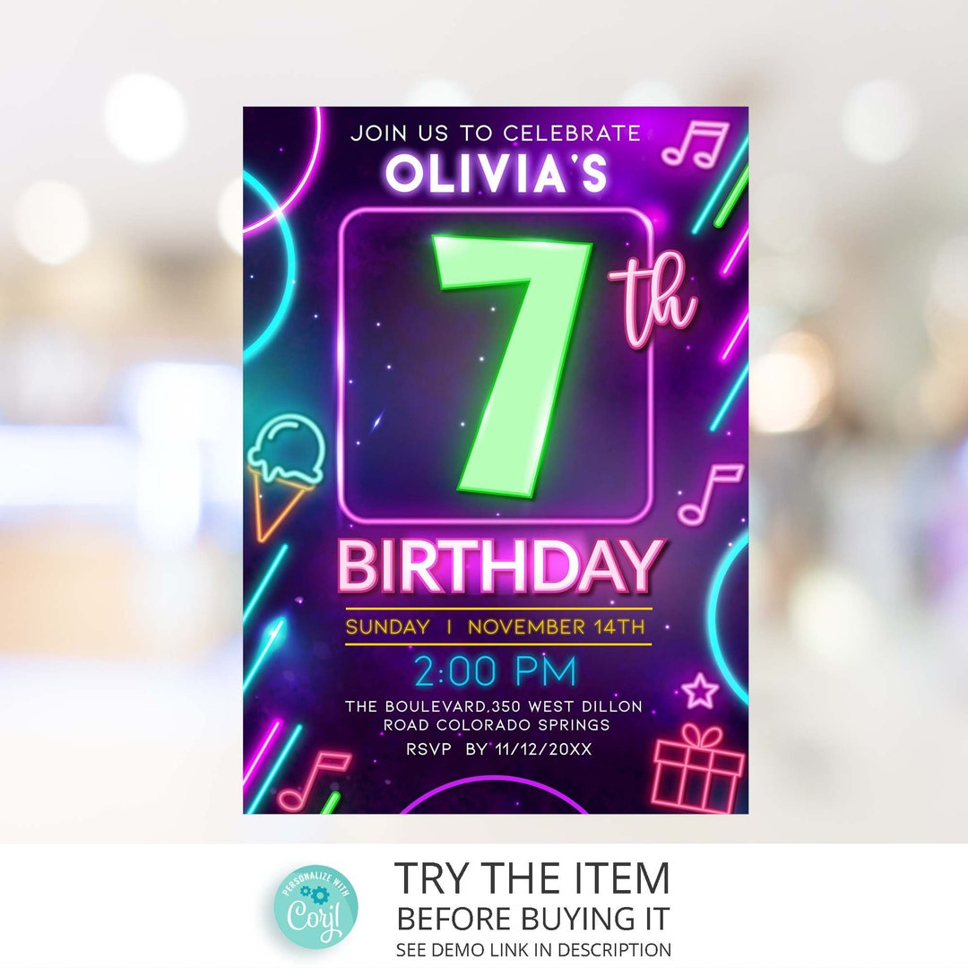 Neon Birthday Invitation Template Girl 7th Birthday Neon Glow Party ...