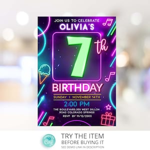 Neon Birthday Invitation Template girl 7th Birthday Neon Glow Party Invite Digital NG7