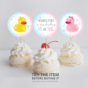 Bearbeitbar Waddle it be Gender Reveal Cupcake Toppers | Ente Gender Reveal Party Kuchen Topper | Er oder Sie, Junge oder Mädchen Digital Template 201