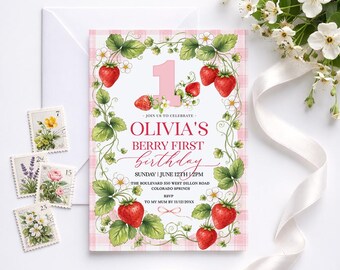 Berry First Birthday Invitation Girl, Strawberry First Birthday Invite, Berry Sweet 1st Birthday Invitation, First Birthday Girl SB69