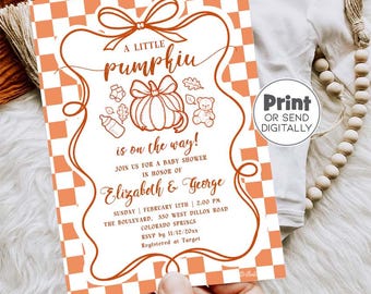 A Little Pumpkin On The Way Baby Shower Invitation:  Fall Baby Shower,  Retro Checkered Invitation, Gender Neutral   P272