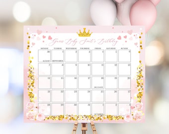 Raten Sie den Aufgrund Datum Kalender Eine Kleine Prinzessin Baby Party | Baby Rosa Gold Baby Shower Spiele Vorlage Sofortiger Download PR10