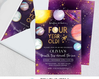 Editable Space Birthday Party Invitation FOURTH trip around the sun | 4th birthday Girl Space Invitation | Galaxy Birthday Invite SP186