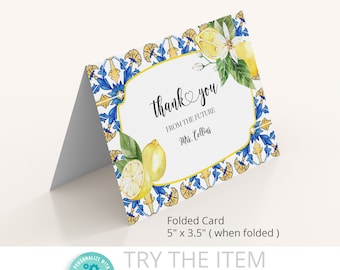 Thank You Cards Bridal Shower Lemons •  Editable Thank You Folded Card, Positano Blue Tile,  Lemon, She Found Her Main /474/0211