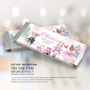 May include: Printable chocolate bar wrapper featuring a pink and white design with a nutcracker, a ballerina, and a mouse. The text "Olivia's Birthday Party" is included. The wrapper is 5.25 inches by 5.6 inches and 14 cm by 17.5 cm.