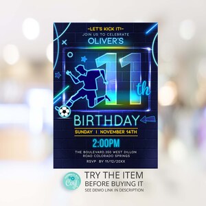 Soccer Birthday Neon Invitation Template 11th Birthday Sports Party Instant Download Soccer Invite Football Birthday NF11