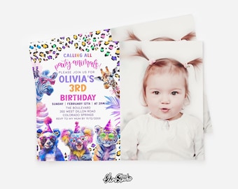 Calling all Party Animals Birthday Invitation Wild Animals Jungle Birthday Zoo Safari Animals Girl Birthday Pink Invite Template Corjl PA143