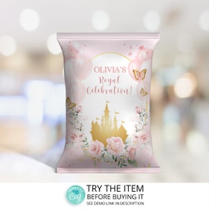 Little Princess Birthday Party Favors, Chip Bags Template, Pink Princess Party Favors For Kids, Chips Template, Princess Treat Bag PR71