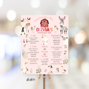 May include: A pink poster with the text "Olivia's second year stats" and illustrations of farm animals. The poster includes information about the child's favorite foods, toys, and activities. The child has 9 teeth, weighs 10 kg, and is 68.58 cm tall.