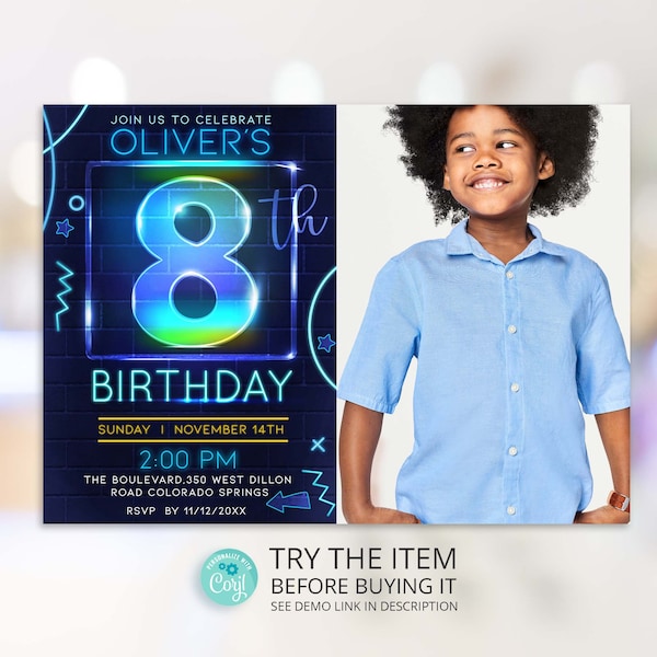 Neon Birthday Invitation Template With Photo Boy 8th Birthday Neon Glow Party Invite Digital NPP8