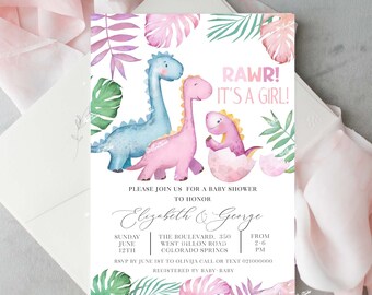 May include: A baby shower invitation with a pink, blue, and green dinosaur theme. The text reads "RAWR! It's a girl!" and "Please join us for a baby shower to honor Elizabeth & George".