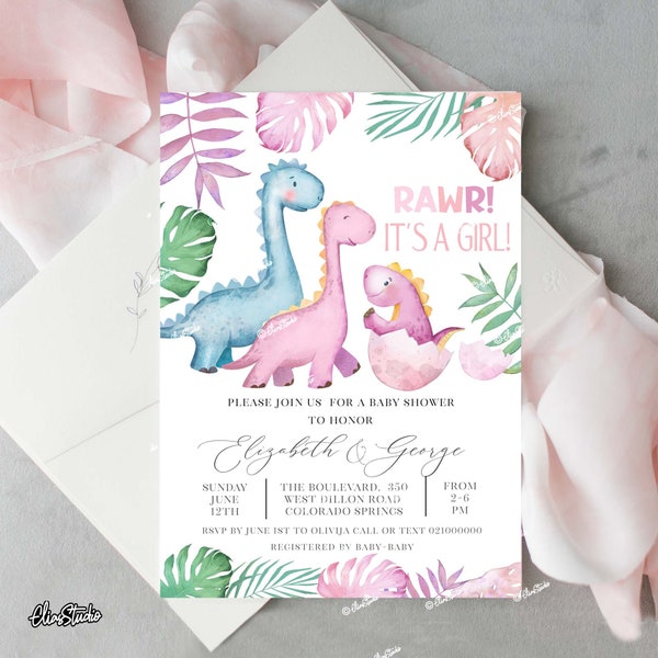 Dinosaur Baby Shower Girl Invitation, Rawr It's A Girl, Couples Baby Shower Invite, Greenery Boho Dinosaur Invitation Editable Template DB56