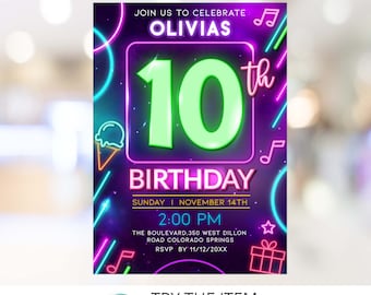 Neon Birthday Invitation Template girl 10th Birthday Neon Glow Party Invite Digital NG10