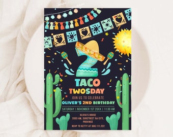 Fiesta Birthday Invitation, Taco Twosday Birthday, 2nd Birthday Invitation, Cactus Birthday, Taco Birthday Card, Mexican Party F201