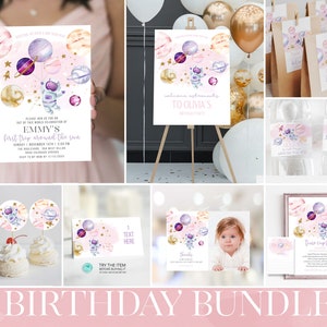 Pink Space 1st Birthday Girl Invitation Bundle, First Trip Around The Sun Birthday Party Supplies, Galaxy Party Package Template SP473